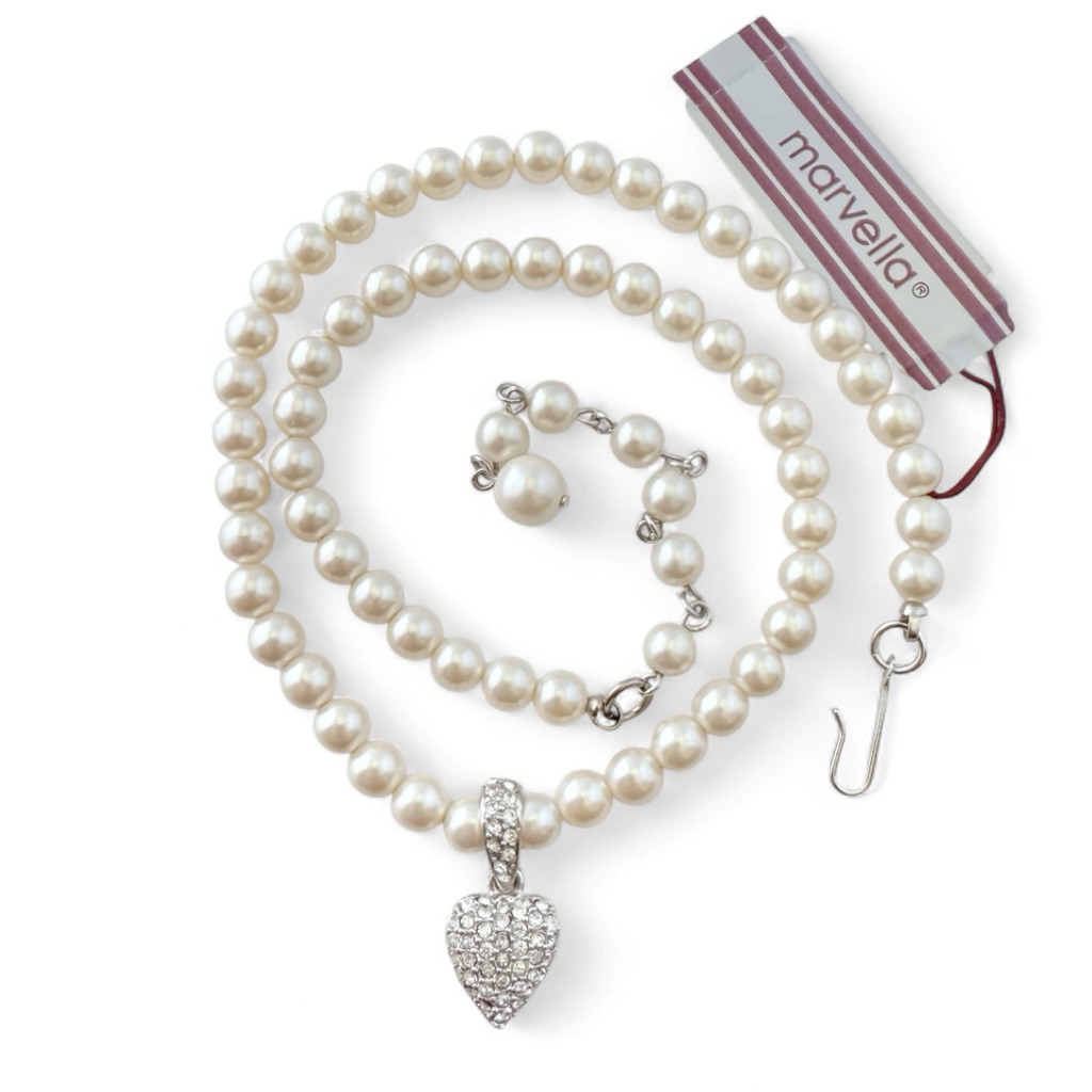 Vintage Marvella Rhinestone Heart Pendant Faux Pearl Beaded Collar Necklace